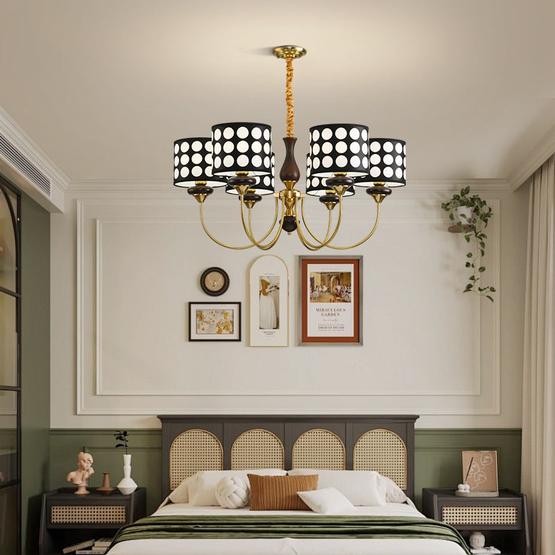 Traditional Vintage Round Cylinder Branch Fabric Ash Wood Hardware 3/6/8 Light Chandelier For Living Room