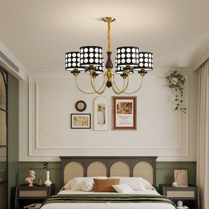 Traditional Vintage Round Cylinder Branch Fabric Ash Wood Hardware 3/6/8 Light Chandelier For Living Room