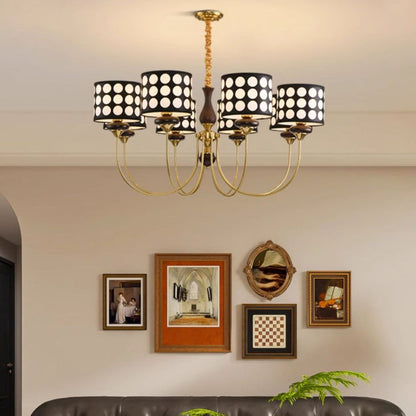 Traditional Vintage Round Cylinder Branch Fabric Ash Wood Hardware 3/6/8 Light Chandelier For Living Room