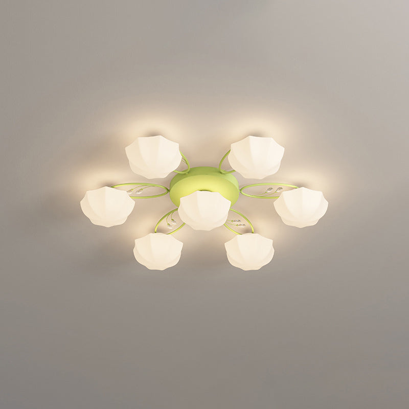 Contemporary Scandinavian Branch Round Pumpkin Glass Iron 4/7/9/11 Light Semi-Flush Mount Ceiling Light For Bedroom