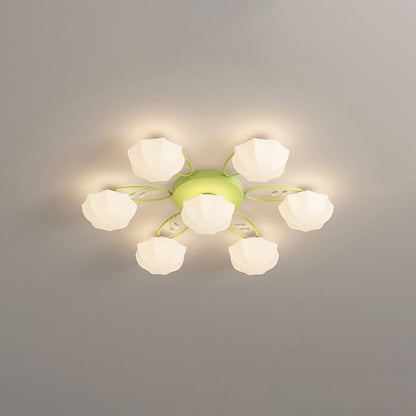 Contemporary Scandinavian Branch Round Pumpkin Glass Iron 4/7/9/11 Light Semi-Flush Mount Ceiling Light For Bedroom