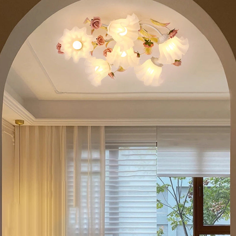 Modern Art Deco Rose Flower Leaf Glass Iron 4/6/7/9/11 Light Semi-Flush Mount Ceiling Light For Bedroom