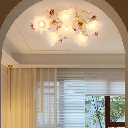 Modern Art Deco Rose Flower Leaf Glass Iron 4/6/7/9/11 Light Semi-Flush Mount Ceiling Light For Bedroom