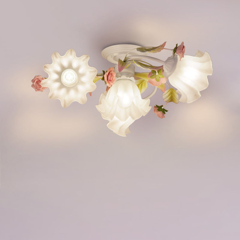 Modern Art Deco Rose Flower Leaf Glass Iron 4/6/7/9/11 Light Semi-Flush Mount Ceiling Light For Bedroom