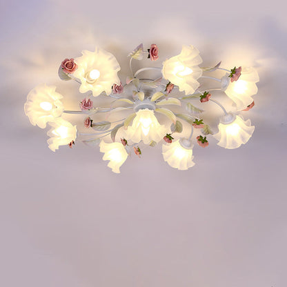 Modern Art Deco Rose Flower Leaf Glass Iron 4/6/7/9/11 Light Semi-Flush Mount Ceiling Light For Bedroom