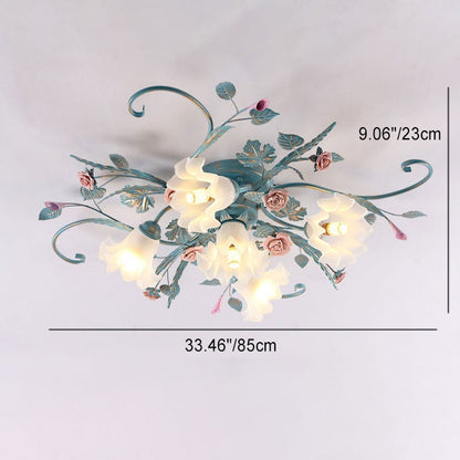 Traditional Rustic Floral Rose Leaf Glass Iron 4/5/6/9 Light Semi-Flush Mount Ceiling Light For Living Room