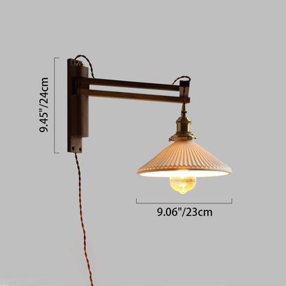 Traditional Vintage Conical Folding Retractable Ceramic Walnut Ash Wood Brass 1-Light Wall Sconce Lamp For Living Room