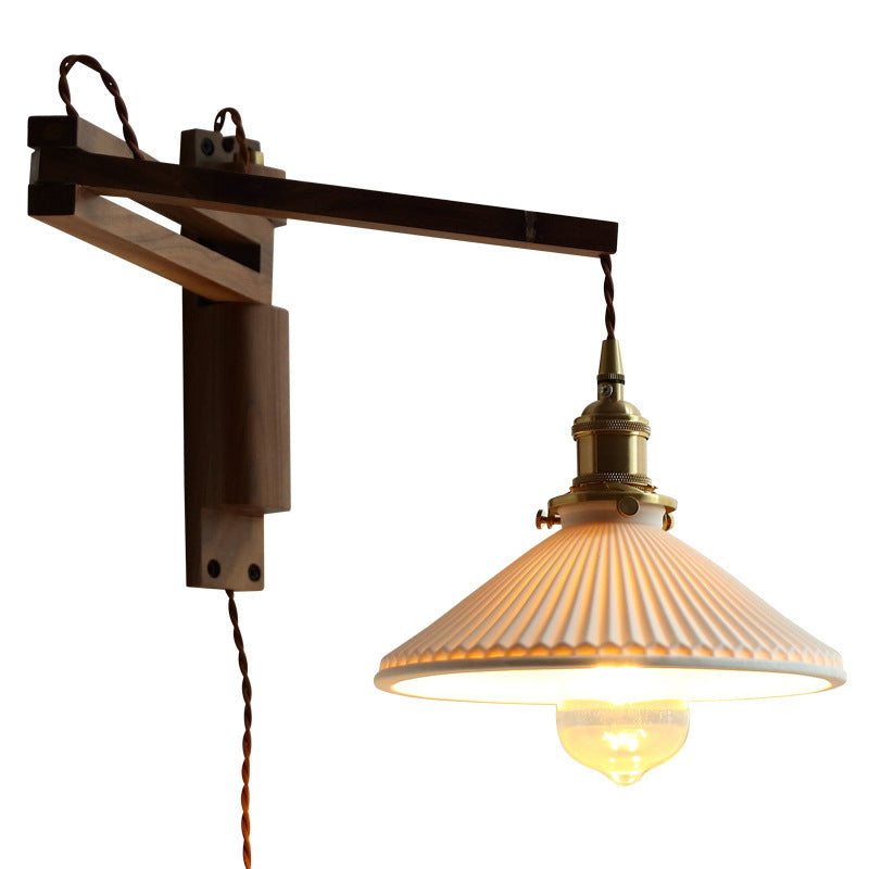 Traditional Vintage Conical Folding Retractable Ceramic Walnut Ash Wood Brass 1-Light Wall Sconce Lamp For Living Room