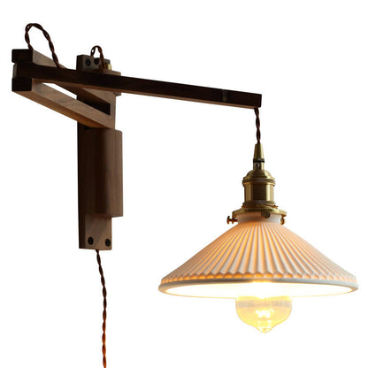 Traditional Vintage Conical Folding Retractable Ceramic Walnut Ash Wood Brass 1-Light Wall Sconce Lamp For Living Room
