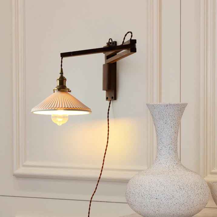 Traditional Vintage Conical Folding Retractable Ceramic Walnut Ash Wood Brass 1-Light Wall Sconce Lamp For Living Room