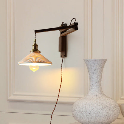 Traditional Vintage Conical Folding Retractable Ceramic Walnut Ash Wood Brass 1-Light Wall Sconce Lamp For Living Room