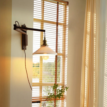 Traditional Vintage Conical Folding Retractable Ceramic Walnut Ash Wood Brass 1-Light Wall Sconce Lamp For Living Room