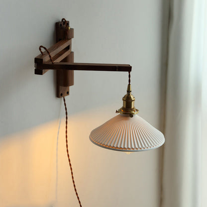 Traditional Vintage Conical Folding Retractable Ceramic Walnut Ash Wood Brass 1-Light Wall Sconce Lamp For Living Room