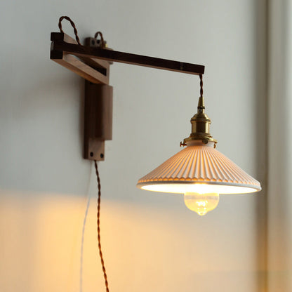 Traditional Vintage Conical Folding Retractable Ceramic Walnut Ash Wood Brass 1-Light Wall Sconce Lamp For Living Room