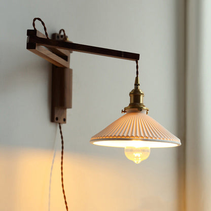 Traditional Vintage Conical Folding Retractable Ceramic Walnut Ash Wood Brass 1-Light Wall Sconce Lamp For Living Room