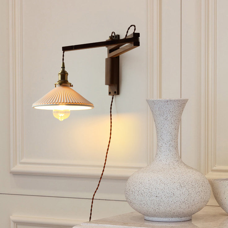 Traditional Vintage Conical Folding Retractable Ceramic Walnut Ash Wood Brass 1-Light Wall Sconce Lamp For Living Room