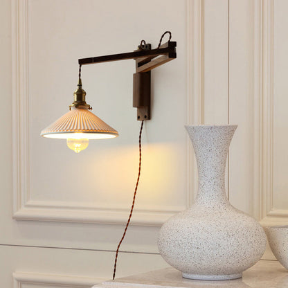 Traditional Vintage Conical Folding Retractable Ceramic Walnut Ash Wood Brass 1-Light Wall Sconce Lamp For Living Room
