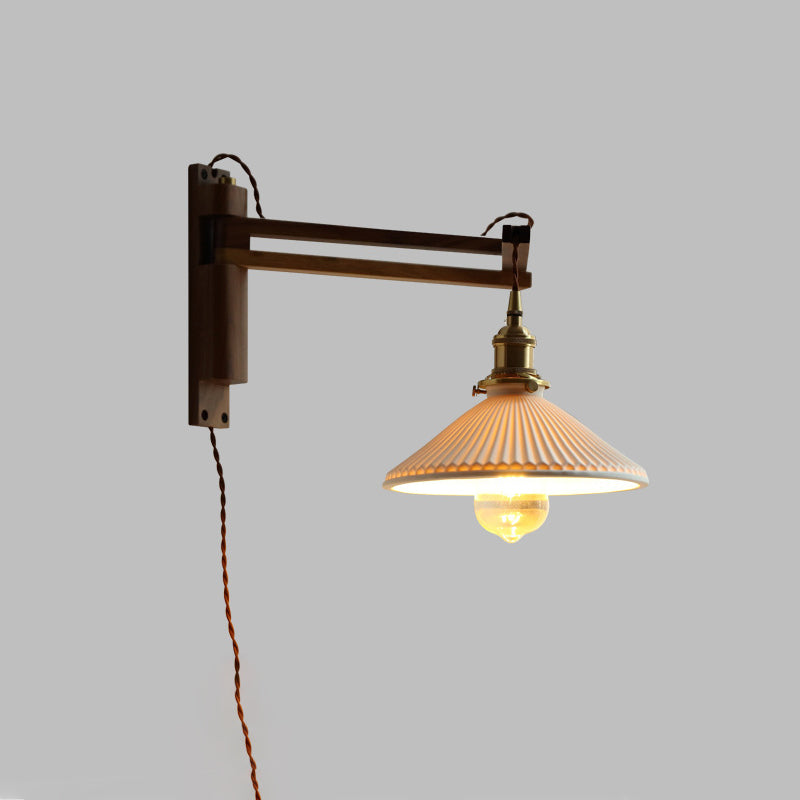 Traditional Vintage Conical Folding Retractable Ceramic Walnut Ash Wood Brass 1-Light Wall Sconce Lamp For Living Room