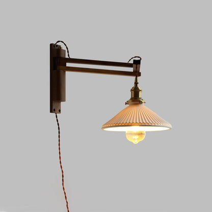 Traditional Vintage Conical Folding Retractable Ceramic Walnut Ash Wood Brass 1-Light Wall Sconce Lamp For Living Room