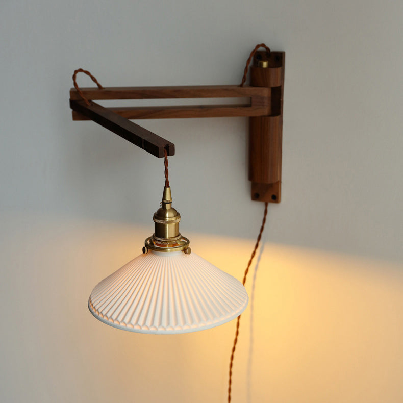 Traditional Vintage Conical Folding Retractable Ceramic Walnut Ash Wood Brass 1-Light Wall Sconce Lamp For Living Room