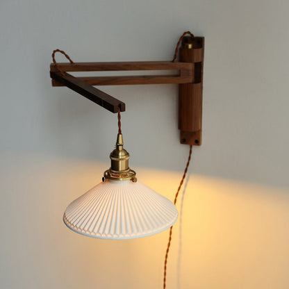Traditional Vintage Conical Folding Retractable Ceramic Walnut Ash Wood Brass 1-Light Wall Sconce Lamp For Living Room