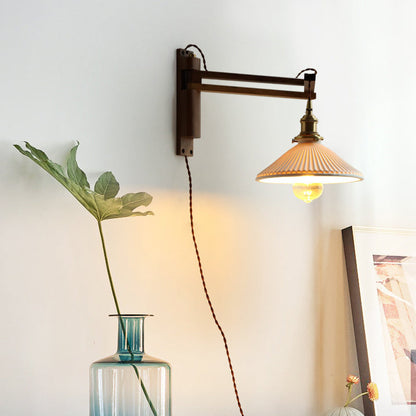 Traditional Vintage Conical Folding Retractable Ceramic Walnut Ash Wood Brass 1-Light Wall Sconce Lamp For Living Room