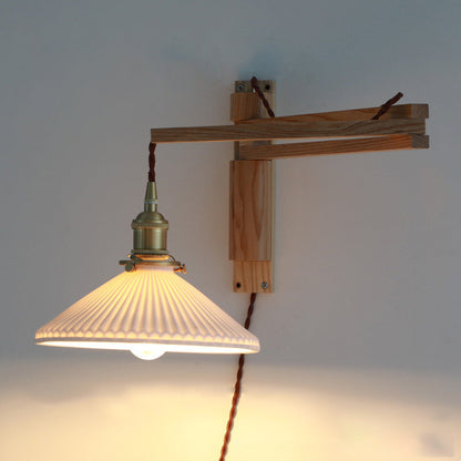Traditional Vintage Conical Folding Retractable Ceramic Walnut Ash Wood Brass 1-Light Wall Sconce Lamp For Living Room