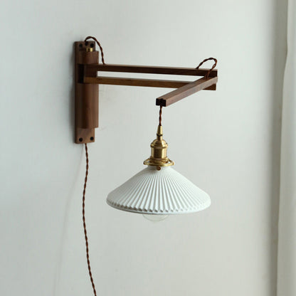 Traditional Vintage Conical Folding Retractable Ceramic Walnut Ash Wood Brass 1-Light Wall Sconce Lamp For Living Room
