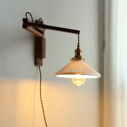 Traditional Vintage Conical Folding Retractable Ceramic Walnut Ash Wood Brass 1-Light Wall Sconce Lamp For Living Room