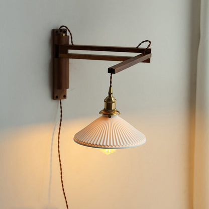 Traditional Vintage Conical Folding Retractable Ceramic Walnut Ash Wood Brass 1-Light Wall Sconce Lamp For Living Room