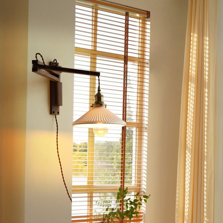 Traditional Vintage Conical Folding Retractable Ceramic Walnut Ash Wood Brass 1-Light Wall Sconce Lamp For Living Room