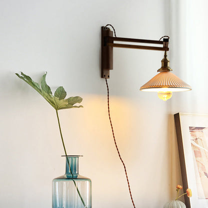 Traditional Vintage Conical Folding Retractable Ceramic Walnut Ash Wood Brass 1-Light Wall Sconce Lamp For Living Room