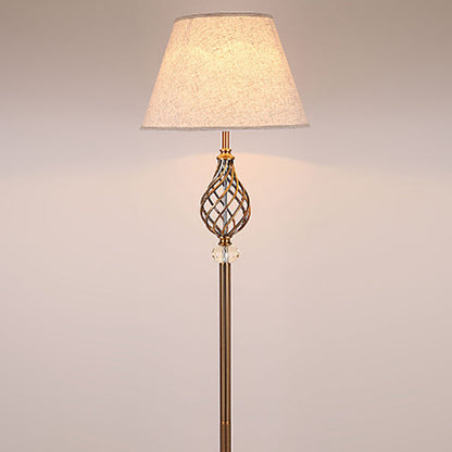 Contemporary Scandinavian Openwork Round Fabric Crystal Iron 1-Light Standing Floor Lamp For Bedroom