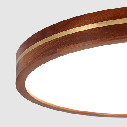 Traditional Chinese Round Acrylic Wood Brass LED Flush Mount Ceiling Light For Bedroom