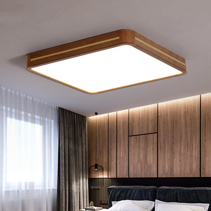 Traditional Chinese Square Rectangle Acrylic Wood Brass LED Flush Mount Ceiling Light For Living Room