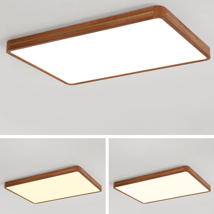 Traditional Chinese Square Rectangle Acrylic Wood Brass LED Flush Mount Ceiling Light For Living Room