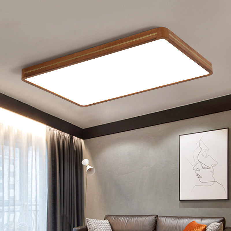 Traditional Chinese Square Rectangle Acrylic Wood Brass LED Flush Mount Ceiling Light For Living Room