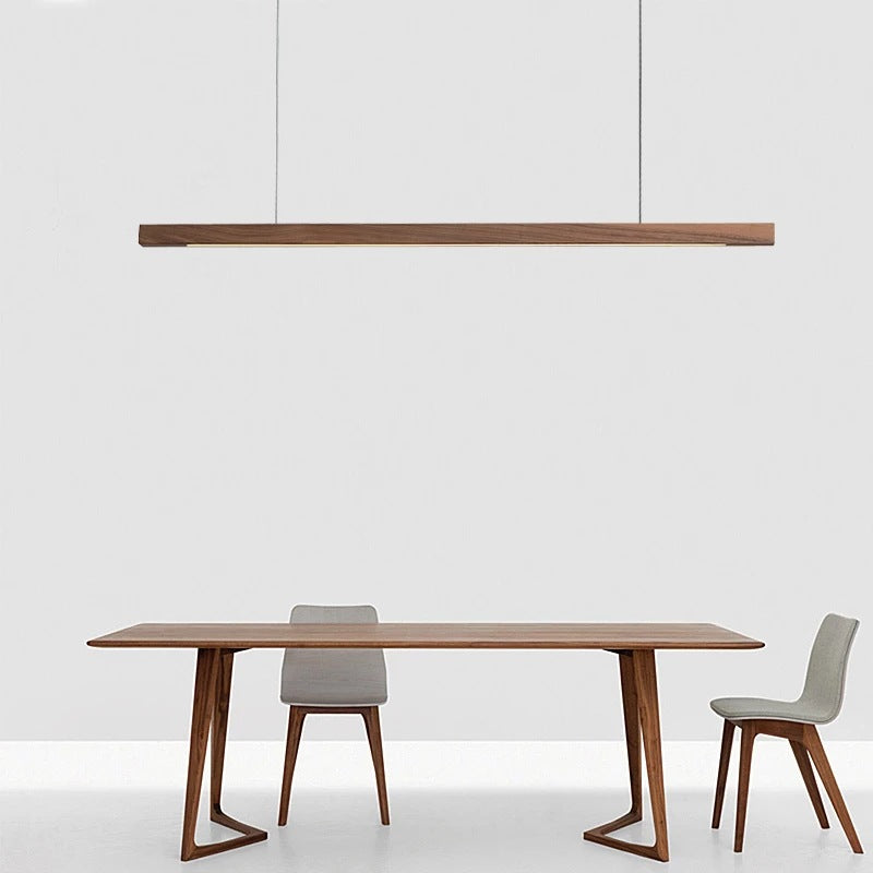 Modern Minimalist Rectangular Long Plate PC Walnut Raw Wood Aluminum LED Chandelier Island Light For Dining Room