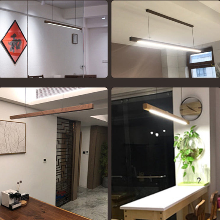 Modern Minimalist Rectangular Long Plate PC Walnut Raw Wood Aluminum LED Chandelier Island Light For Dining Room