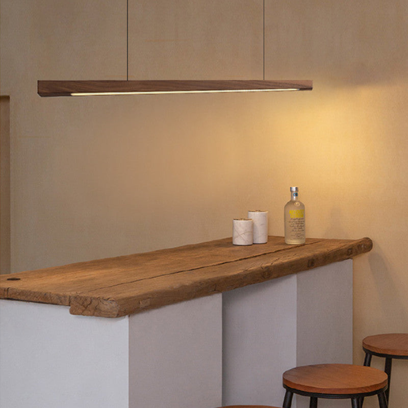 Modern Minimalist Rectangular Long Plate PC Walnut Raw Wood Aluminum LED Chandelier Island Light For Dining Room