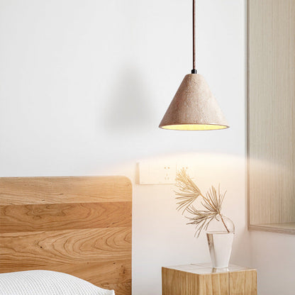 Traditional Chinese Conical Round White Travertine 1-Light Pendant Light For Living Room