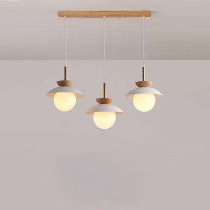 Contemporary Scandinavian Bowl Round Orb Glass Oak Iron 3-Light Chandelier For Living Room