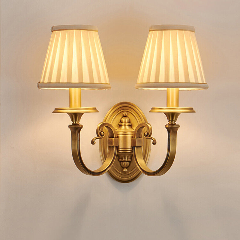 Traditional Vintage Curved Round Oval Fabric Copper 1/2 Light Wall Sconce Lamp For Living Room