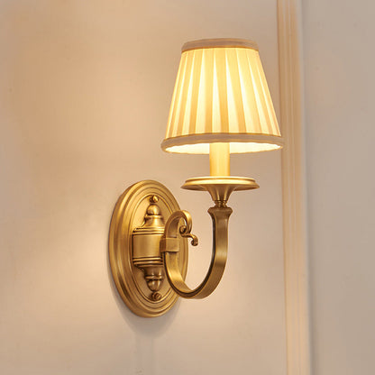 Traditional Vintage Curved Round Oval Fabric Copper 1/2 Light Wall Sconce Lamp For Living Room