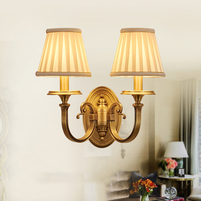 Traditional Vintage Curved Round Oval Fabric Copper 1/2 Light Wall Sconce Lamp For Living Room