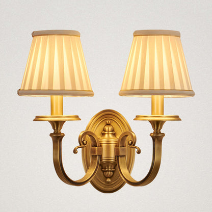 Traditional Vintage Curved Round Oval Fabric Copper 1/2 Light Wall Sconce Lamp For Living Room