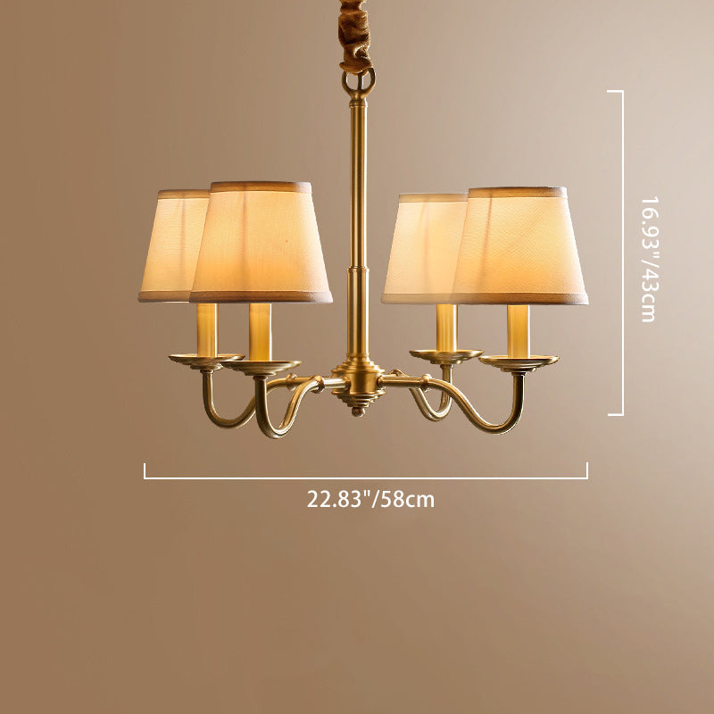 Traditional Vintage Curved Line Branch Cylinder Fabric Copper 4/6/8 Light Chandelier For Living Room