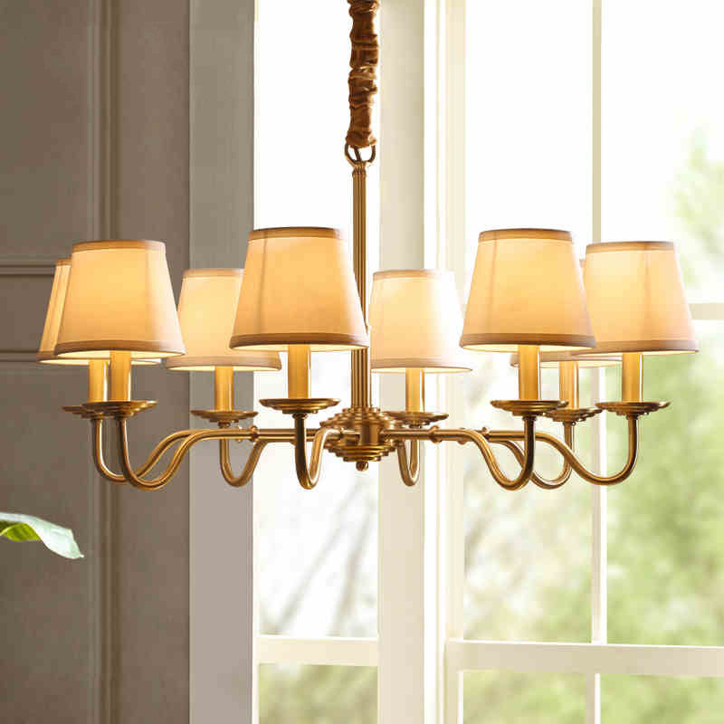 Traditional Vintage Curved Line Branch Cylinder Fabric Copper 4/6/8 Light Chandelier For Living Room