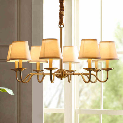 Traditional Vintage Curved Line Branch Cylinder Fabric Copper 4/6/8 Light Chandelier For Living Room