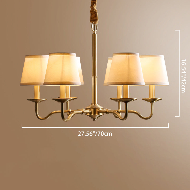 Traditional Vintage Curved Line Branch Cylinder Fabric Copper 4/6/8 Light Chandelier For Living Room
